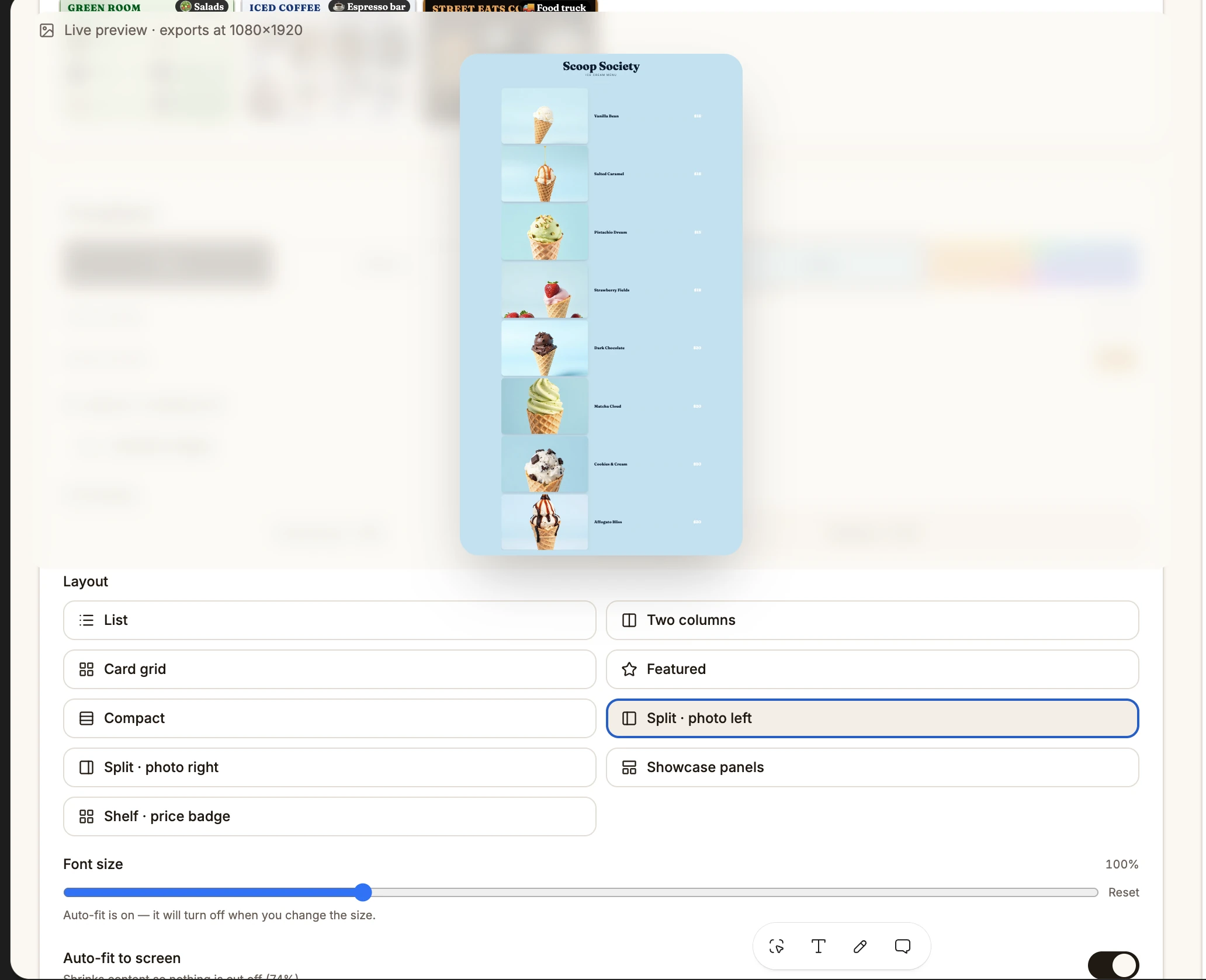 Menu board editor. Showing options as Vertical screen and choosing different layout