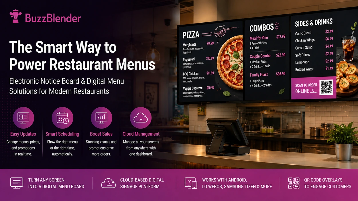 BuzzBlender ad with the headline 'The Smart Way to Power Restaurant Menus' and four feature icons for Easy Updates, Smart Scheduling, Boost Sales, and Cloud Management alongside digital menu boards.