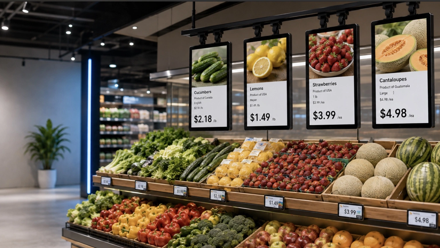 Digital screens above a supermarket produce display showing images and prices for cucumbers, lemons, strawberries, and cantaloupes.