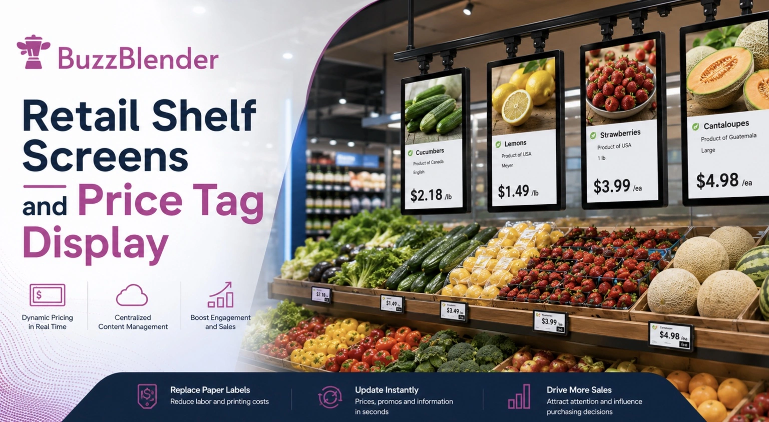 BuzzBlender retail shelf screens displaying product images, details, and prices above fresh produce in a grocery store.