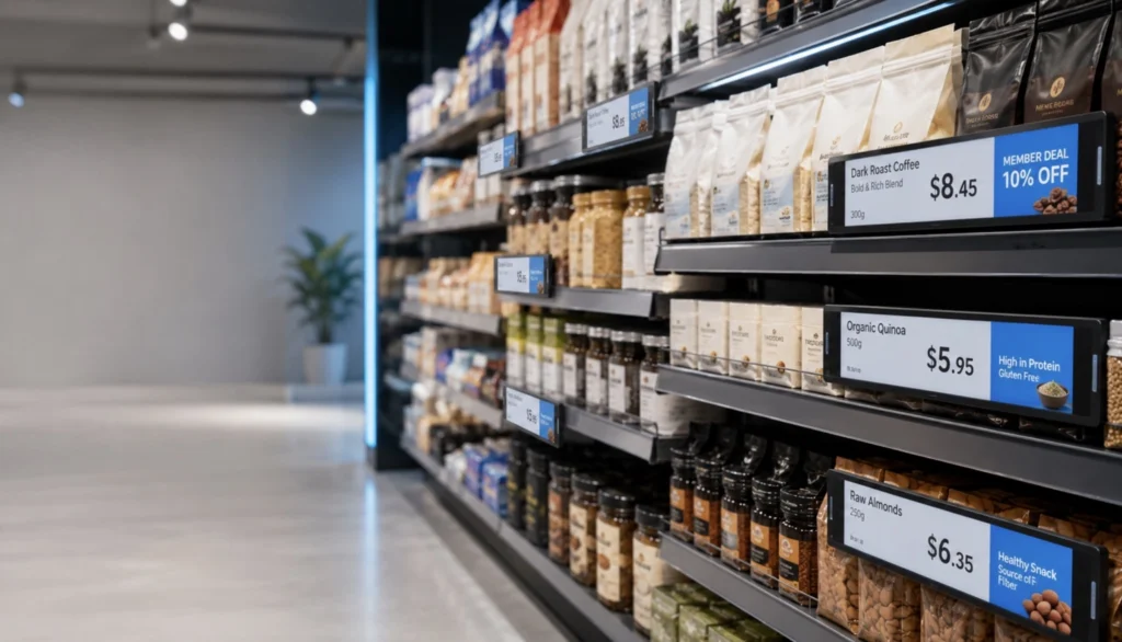 BuzzBlender digital shelf display solution in a grocery produce section, featuring large product screens with real-time pricing alongside centralized content management and dynamic price updates.