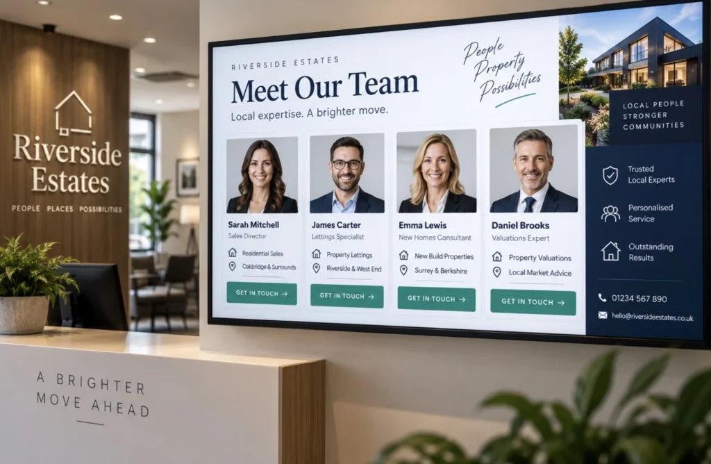 Digital signage in a real estate agency reception introducing four property agents with photographs, areas of expertise, contact details and calls to action.