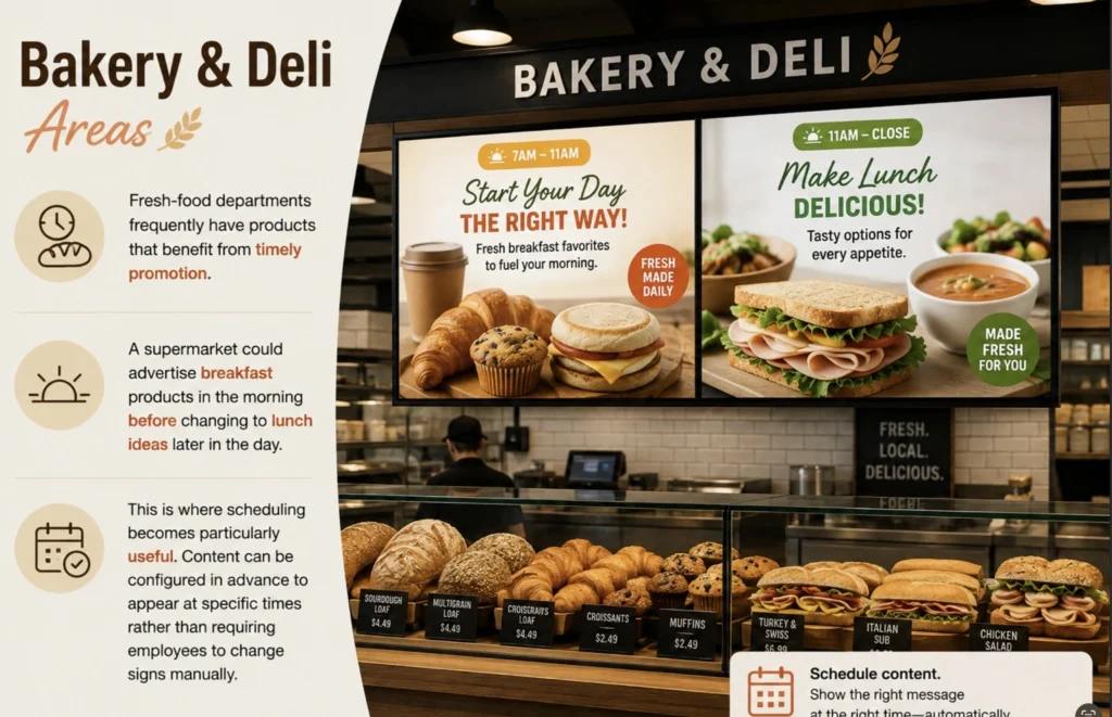 Bakery and deli department with digital screens displaying scheduled breakfast and lunch promotions above fresh breads, pastries, sandwiches, and deli foods.