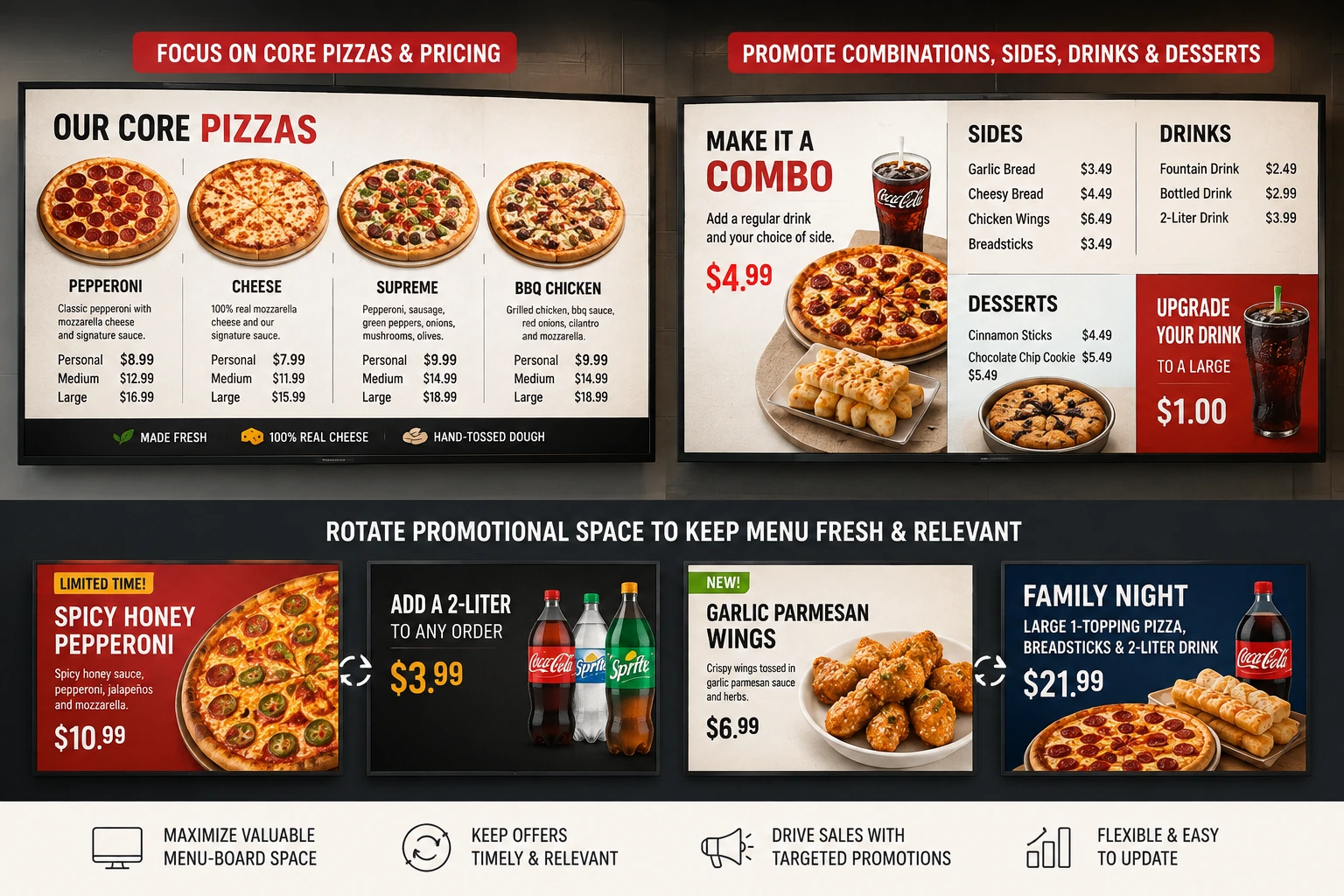 Digital pizza menu boards displaying core pizzas and pricing, combo meals, sides, drinks, desserts, and rotating promotional offers.