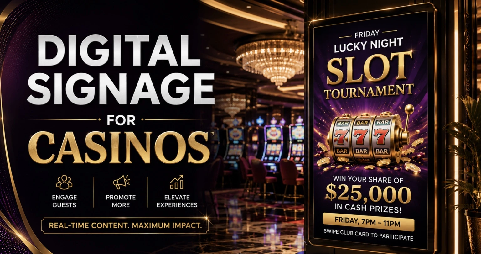 Luxury casino digital signage displaying a Friday Lucky Night slot tournament promotion with a $25,000 cash prize and modern digital display screen.