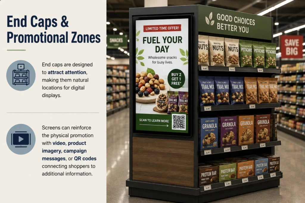 Supermarket end-cap display featuring snacks and a digital screen promoting a limited-time offer with product imagery and a QR code.