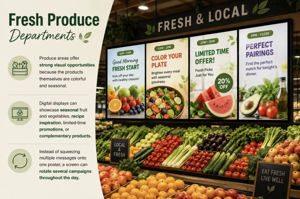 Fresh produce department with colorful fruits and vegetables beneath digital displays showing seasonal promotions, recipe inspiration, limited-time offers, and product pairings.