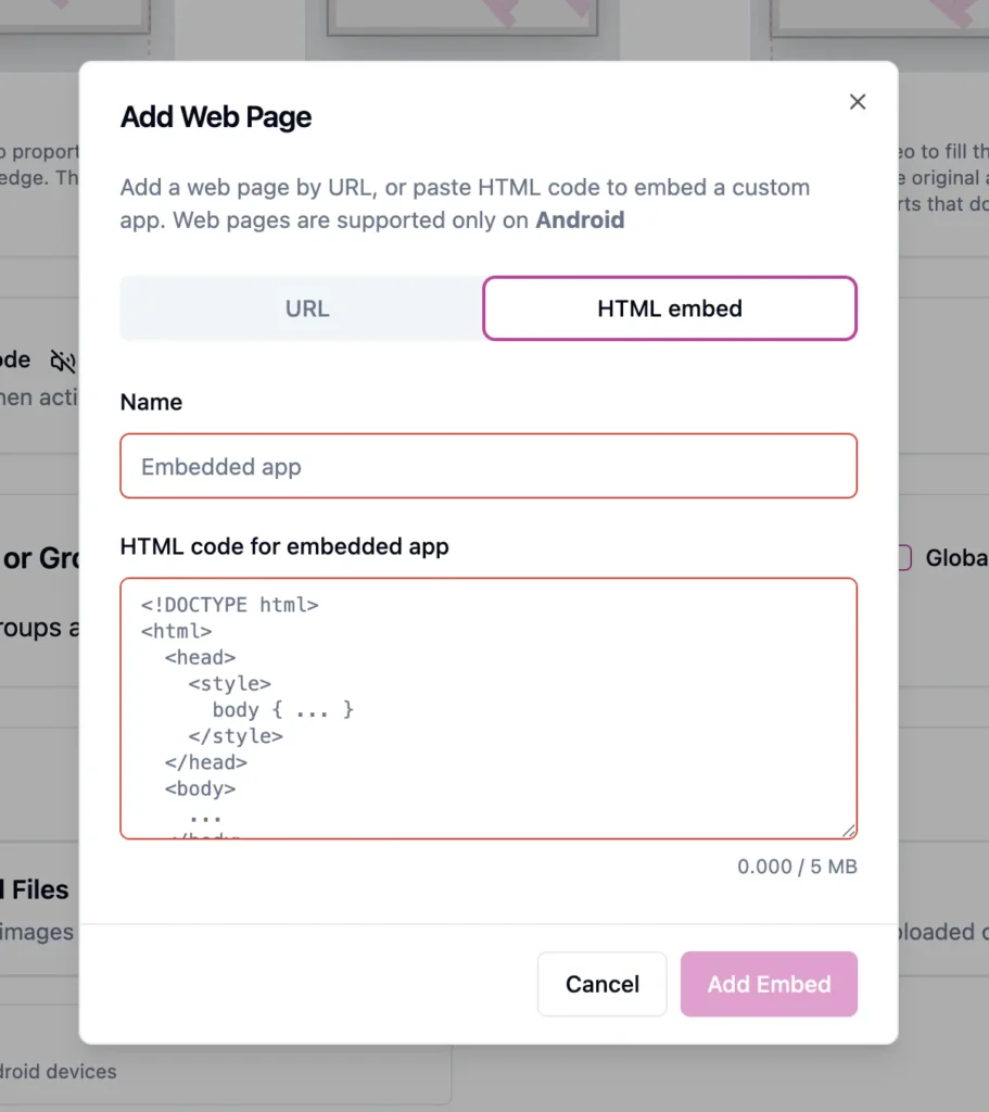 Add Web Page modal open: HTML embed tab selected, with Name field set to 'Embedded app' and a code textarea showing HTML snippet, plus Cancel and Add Embed actions.