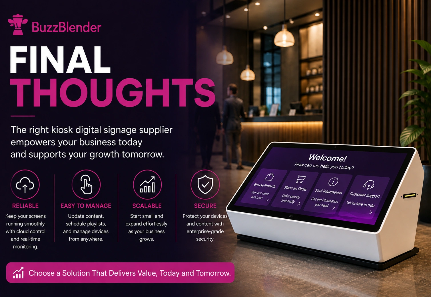 Modern horizontal touchscreen kiosk displaying an interactive customer interface in a hotel lobby, promoting reliable, scalable, secure, and easy-to-manage digital signage solutions.