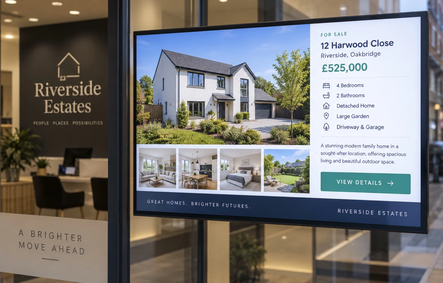 Digital property listing displayed on a screen in a real estate agency window, featuring a modern four-bedroom home, price, property details and viewing call to action.