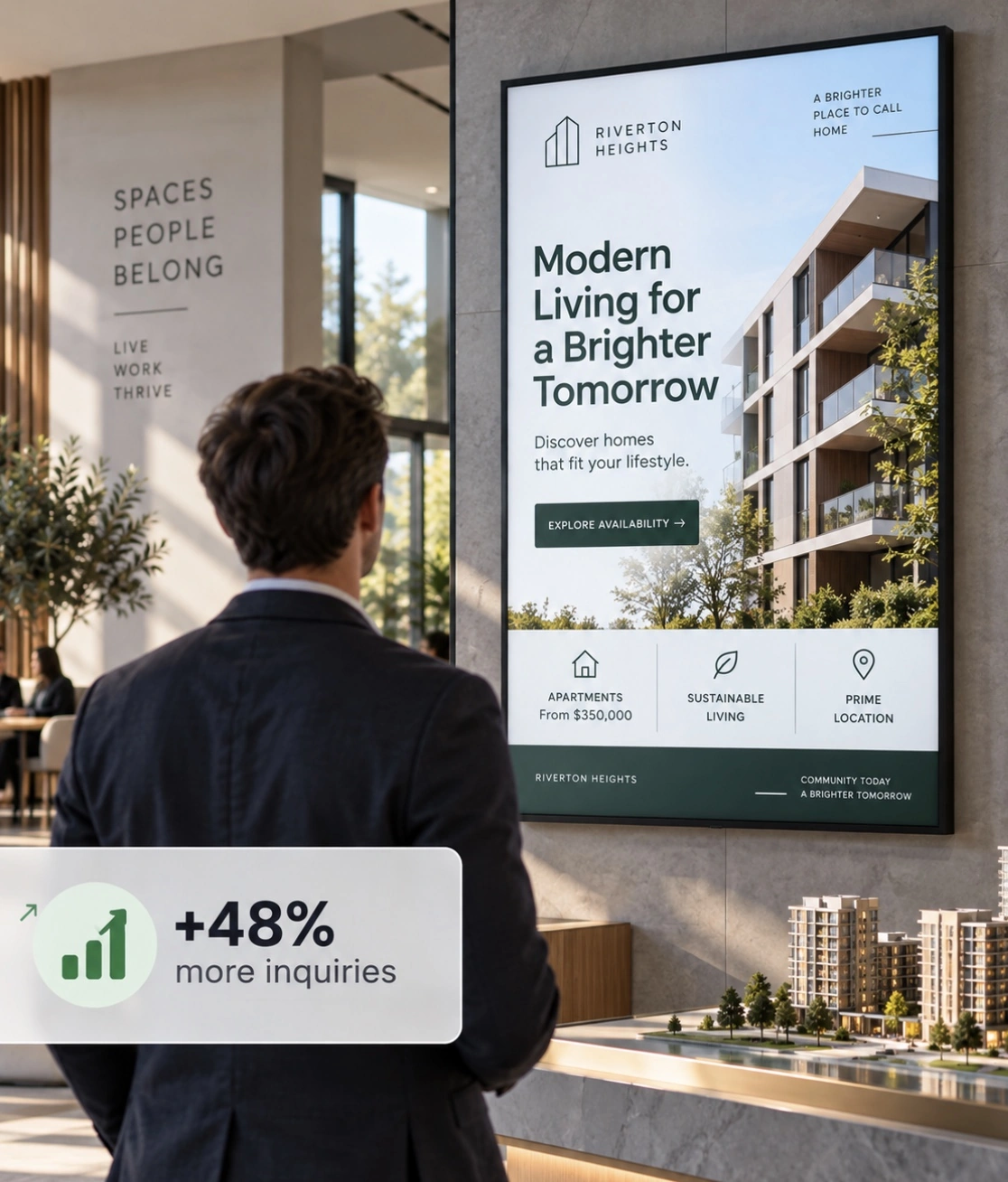 Digital signage in a real estate sales office promoting modern apartments and showing a 48% increase in inquiries.