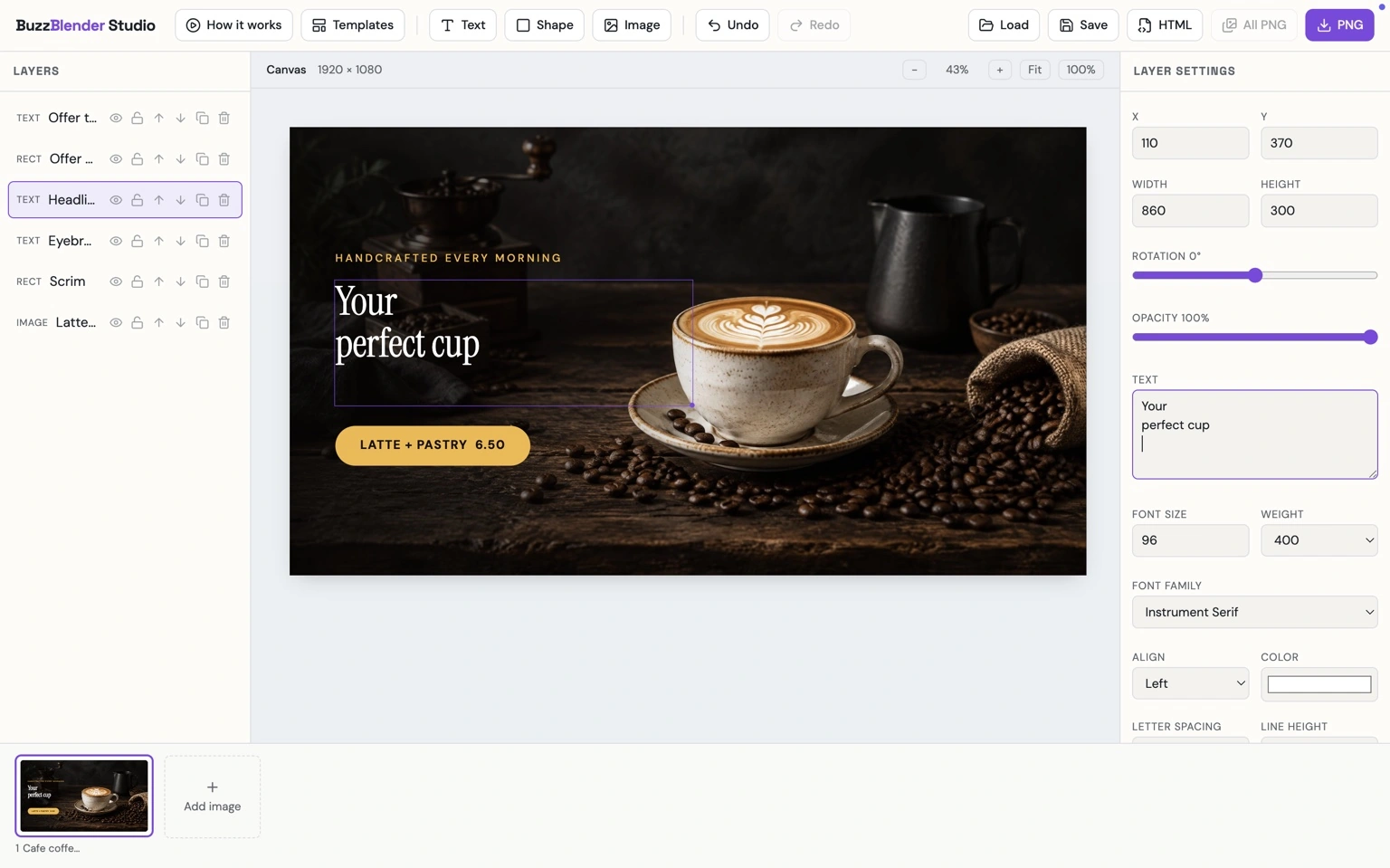 BuzzBlender Studio design editor displaying a coffee shop promotional banner featuring a latte, coffee beans, and the headline “Your perfect cup.