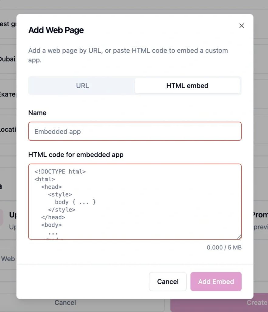Media selection interface with options to upload files, choose previously uploaded promos, or add a web page before creating a playlist.