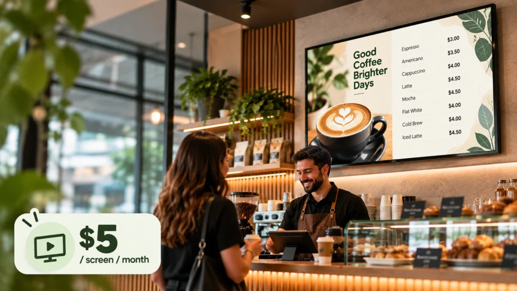 Digital signage software in a modern café with a $5 per screen per month pricing badge.