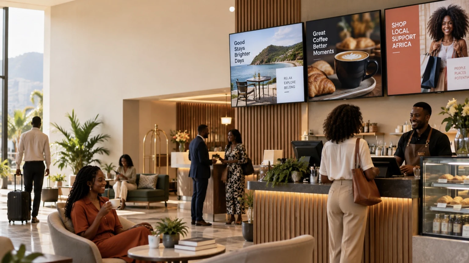 Modern hotel lobby and café with African guests and staff, digital advertising screens, lounge seating, and a coffee counter.