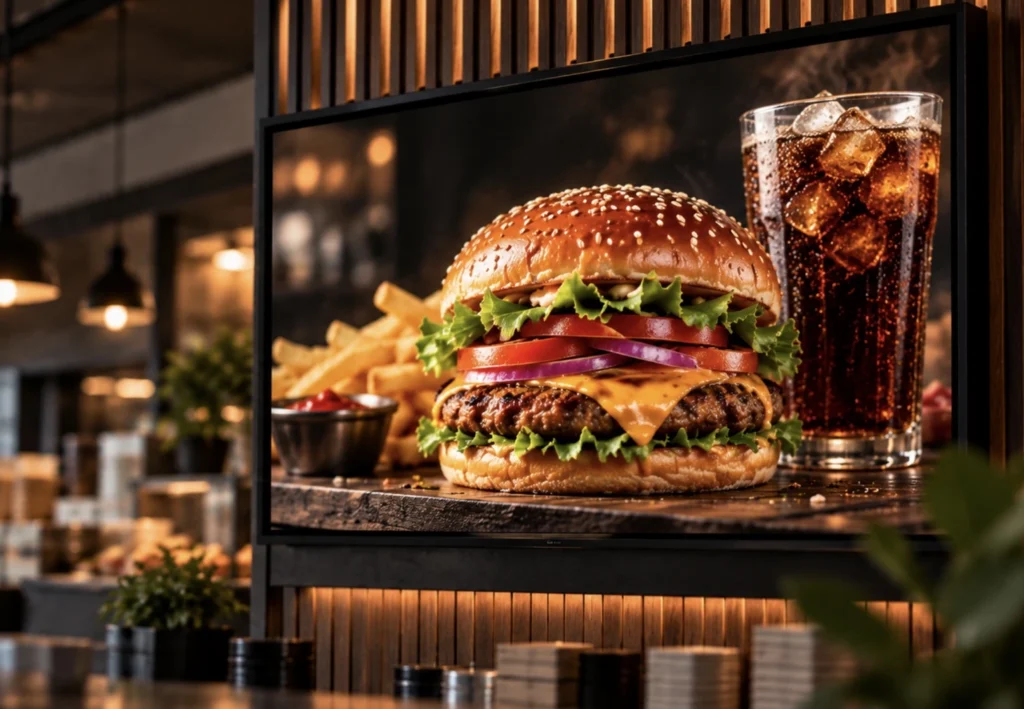 Digital restaurant menu displaying a burger, fries and cola, designed to keep playing even when the internet connection drops.