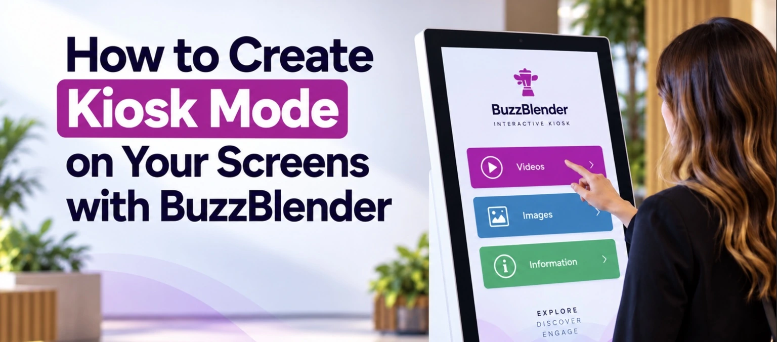 Woman using a BuzzBlender interactive touchscreen kiosk with buttons for videos, images, and information.