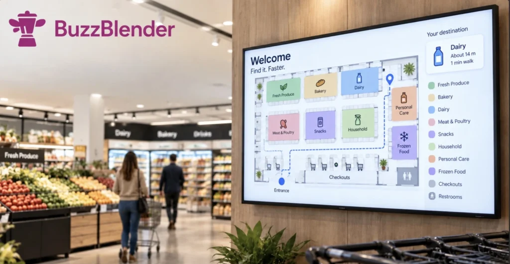 BuzzBlender digital wayfinding display in a modern supermarket, showing an interactive store map and directions to the dairy section.