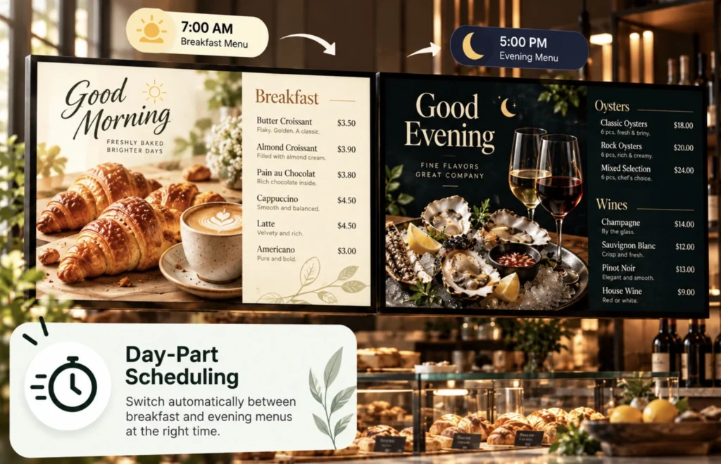  Digital menu boards switching automatically from a morning croissant and coffee menu to an evening oysters and wine menu.