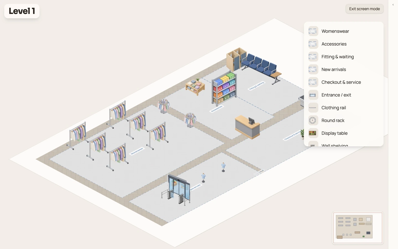 Isometric fashion boutique store map showing womenswear, accessories, fitting rooms, checkout and entrance areas