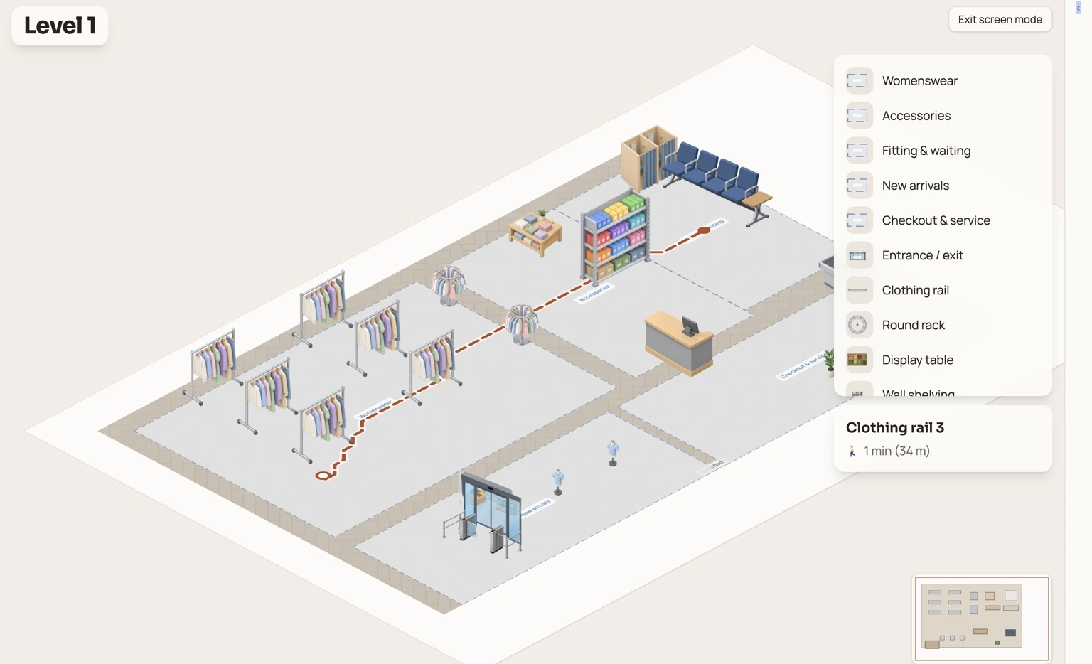 Fashion boutique map with walking route to a clothing rail and estimated distance