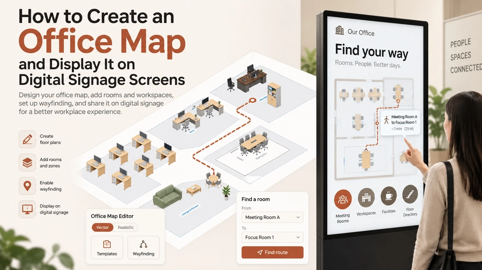 Office map with indoor wayfinding displayed on a digital signage screen for workplace navigation.