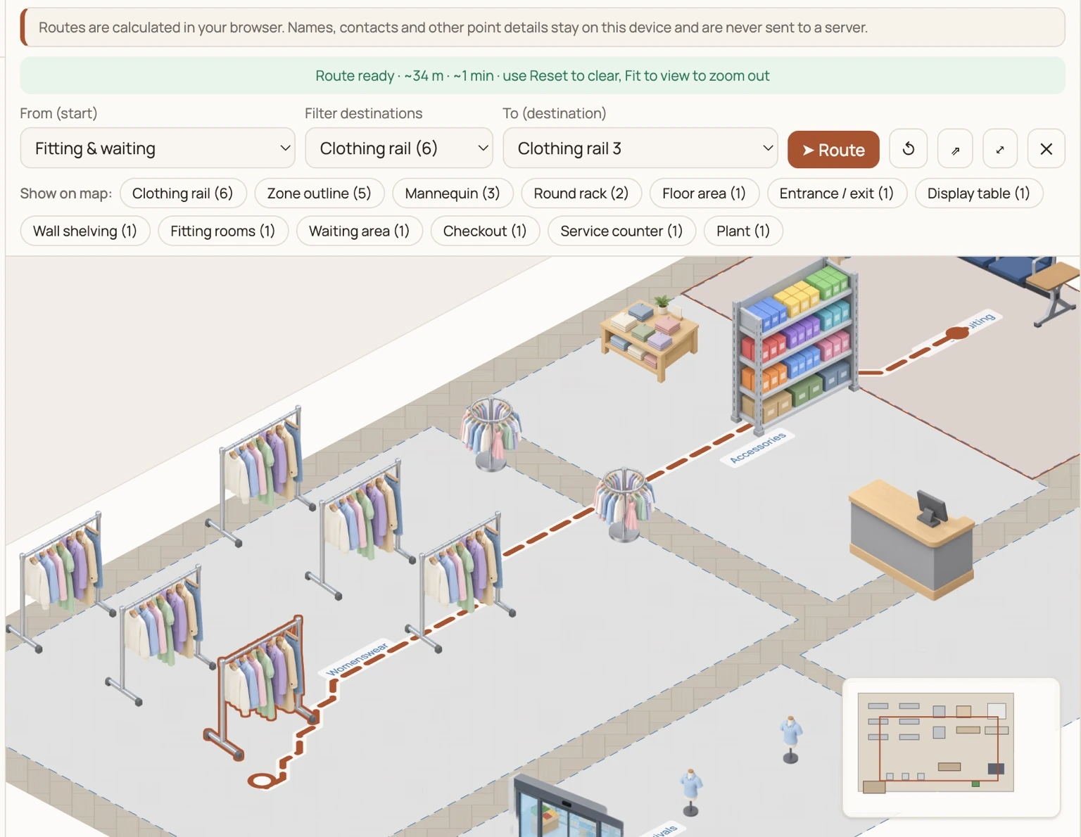 Indoor wayfinding route displayed across an isometric fashion boutique floor plan