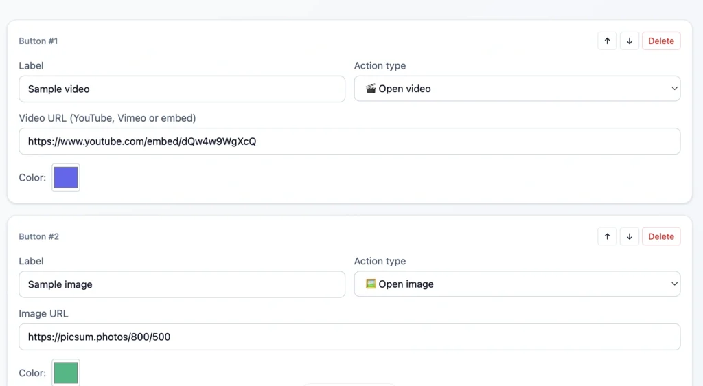 Kiosk Editor interface for configuring interactive video and image buttons.