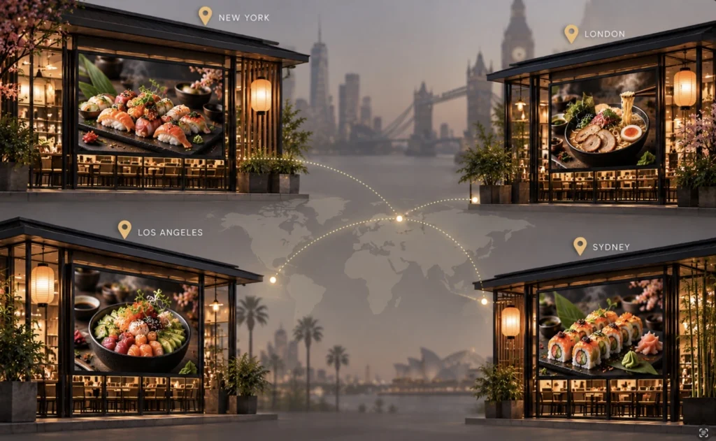 Multiple Japanese restaurant locations displaying different digital menus for sushi, ramen, poke bowls and rolls across New York, London, Los Angeles and Sydney.