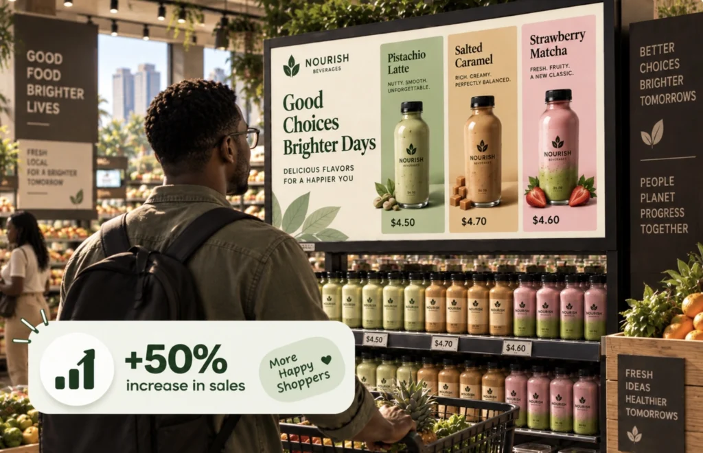 Digital signage in a South African retail store promotes colorful bottled beverages, product pricing, and special flavors while highlighting increased sales.