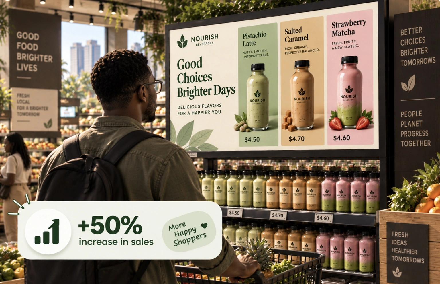 Digital signage in a South African retail store promotes colorful bottled beverages, product pricing, and special flavors while highlighting increased sales.