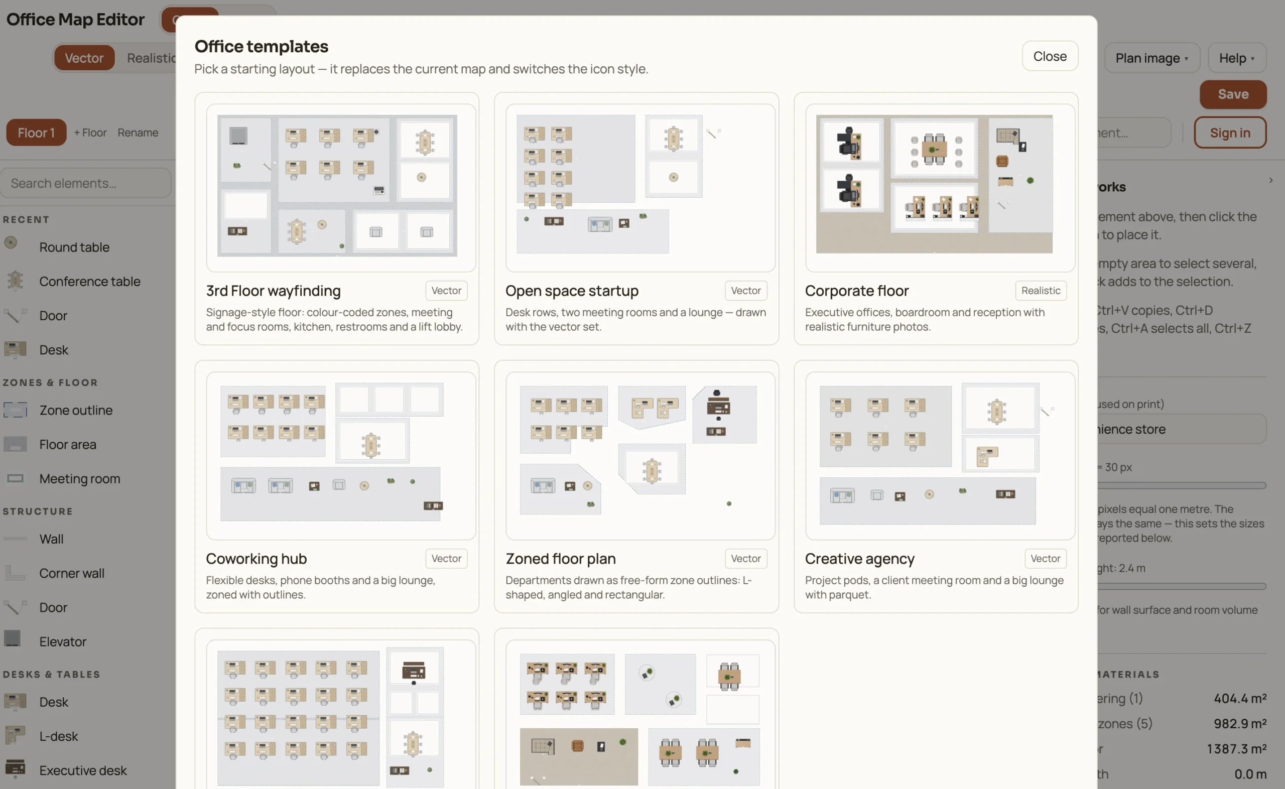 Office map editor showing customizable floor plan templates