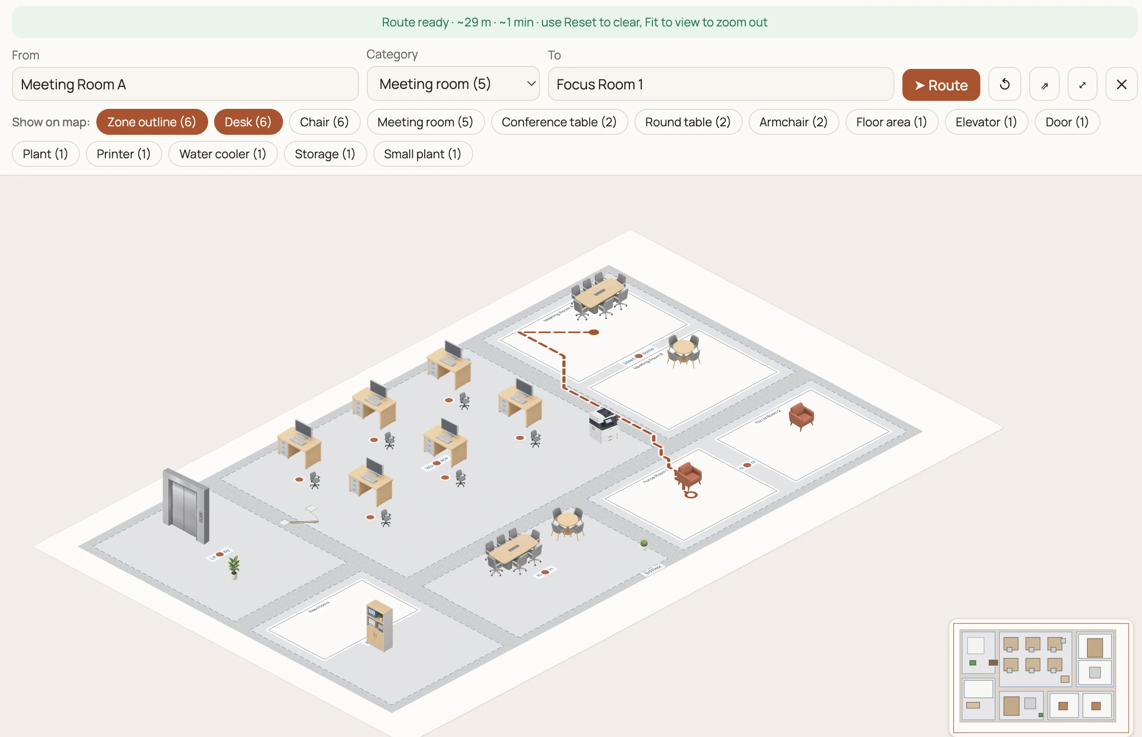 Isometric office map showing indoor route between meeting and focus rooms