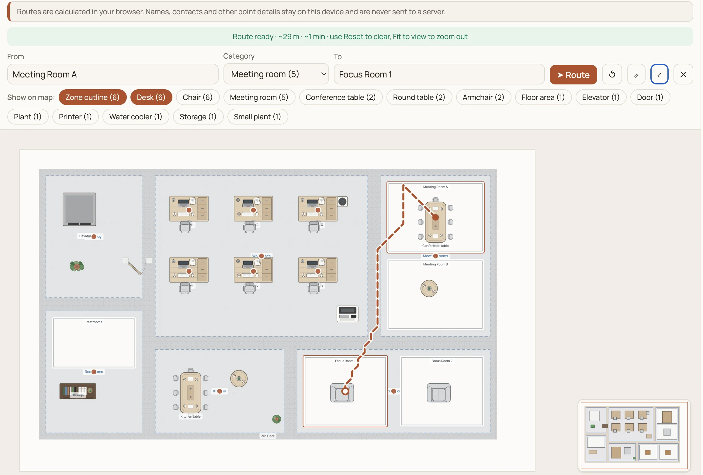 Office map wayfinding route from Meeting Room A to Focus Room 1