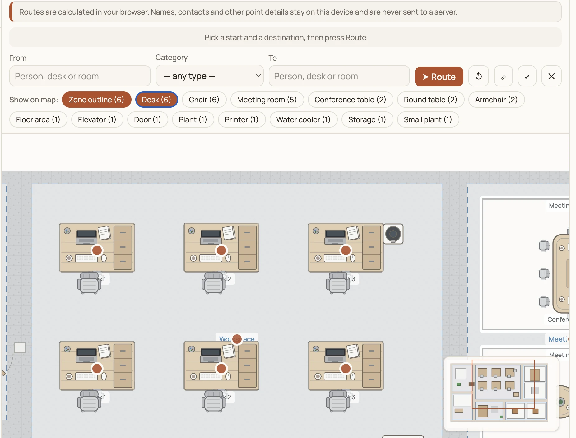 Interactive office map with desks, meeting rooms and navigation controls