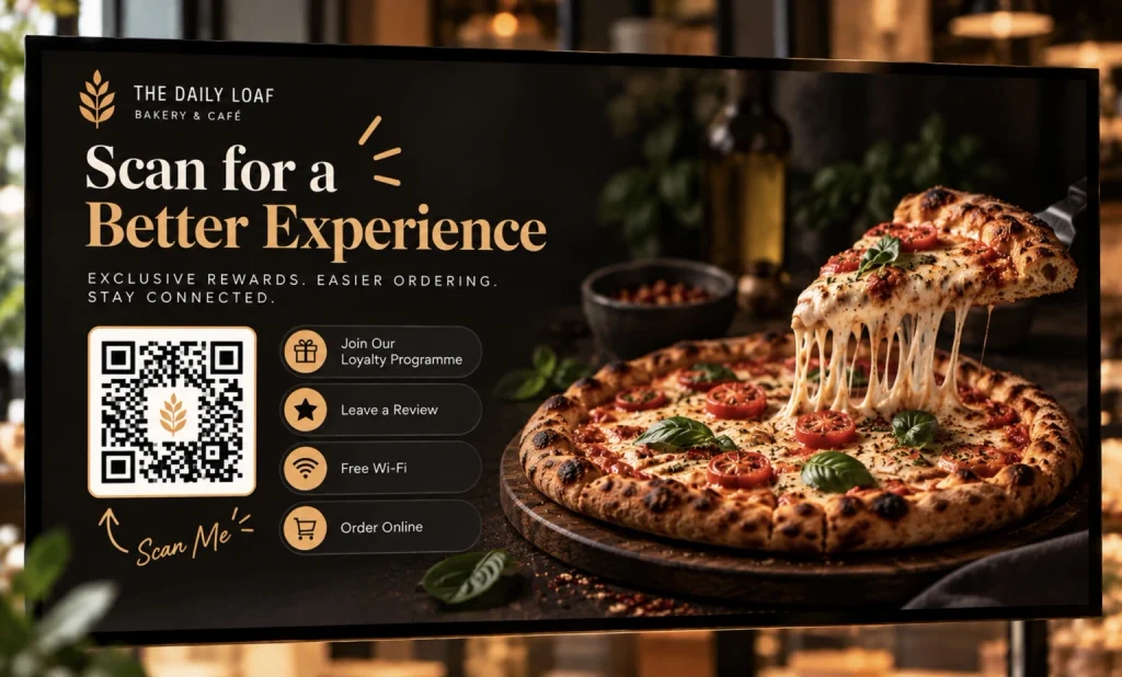 Digital pizza menu with a QR code for loyalty rewards, customer reviews, free Wi-Fi and online ordering.