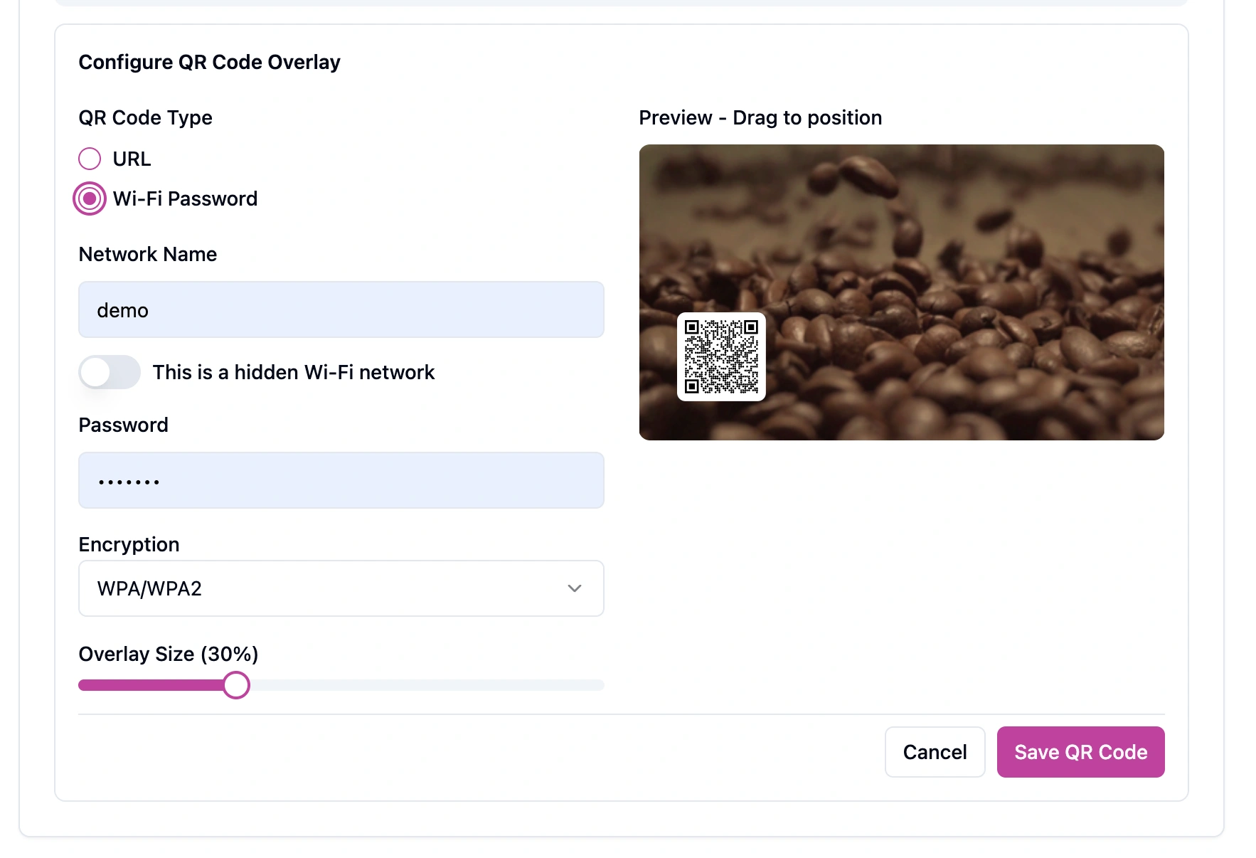 Screenshot of a QR code overlay configuration interface showing Wi-Fi password settings, network name, encryption, overlay size, and a draggable QR code preview over a coffee beans image.