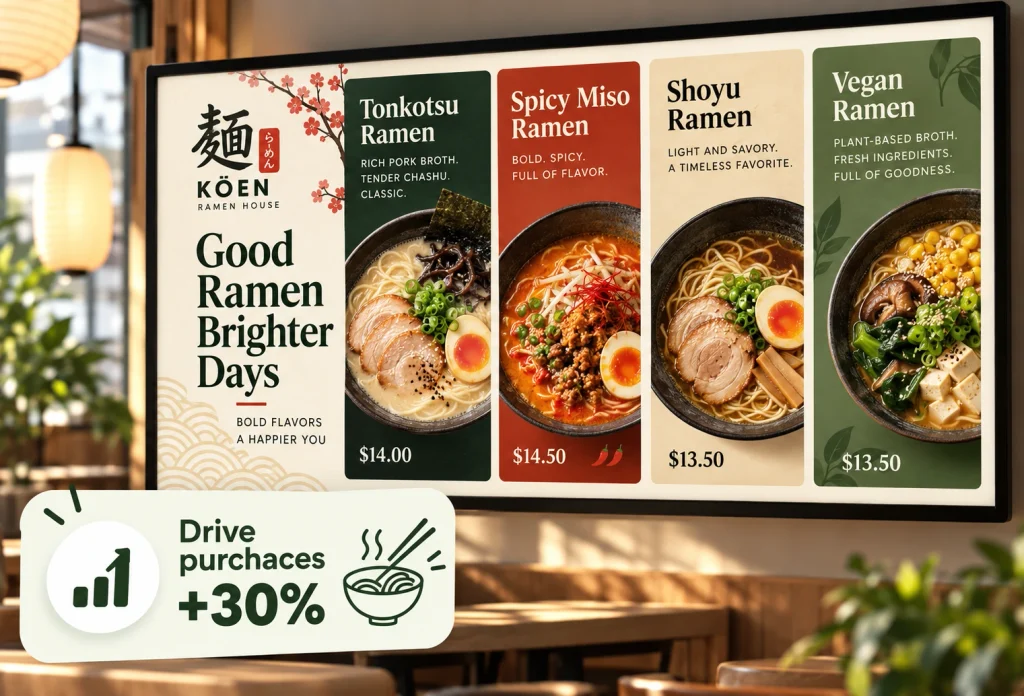 Digital ramen restaurant menu board featuring Tonkotsu, Spicy Miso, Shoyu and Vegan ramen with a +30% purchases growth graphic.