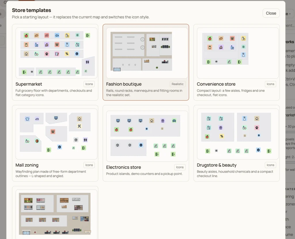 Store map editor template gallery with supermarket, fashion boutique, convenience store and retail layout templates