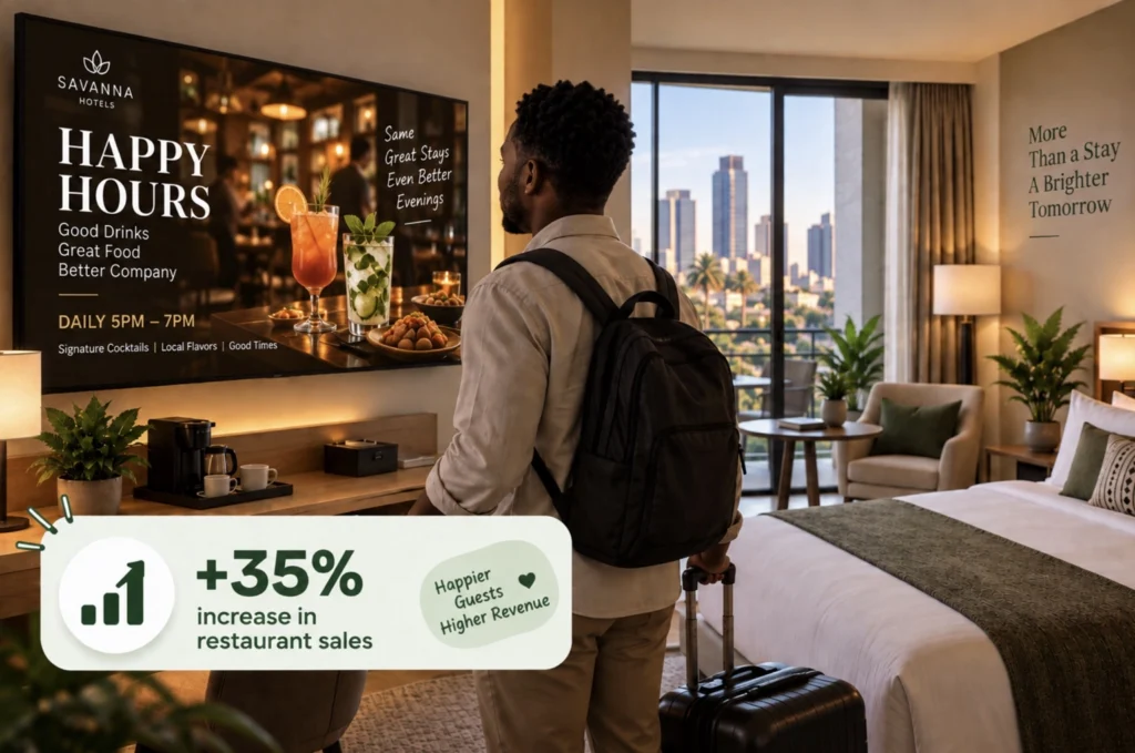 Hotel guest views digital signage in a South African hotel room promoting happy hour drinks and dining offers, with a 35% increase in restaurant sales highlighted.