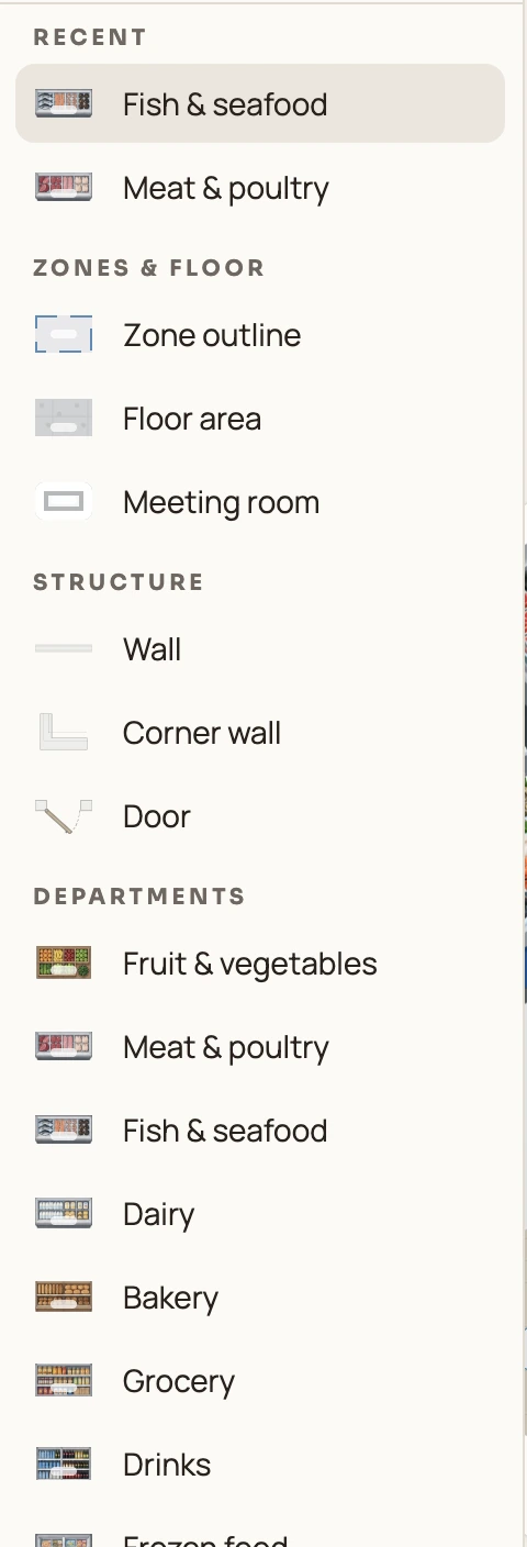 Store map editor sidebar showing floor zones, walls, doors and supermarket department elements