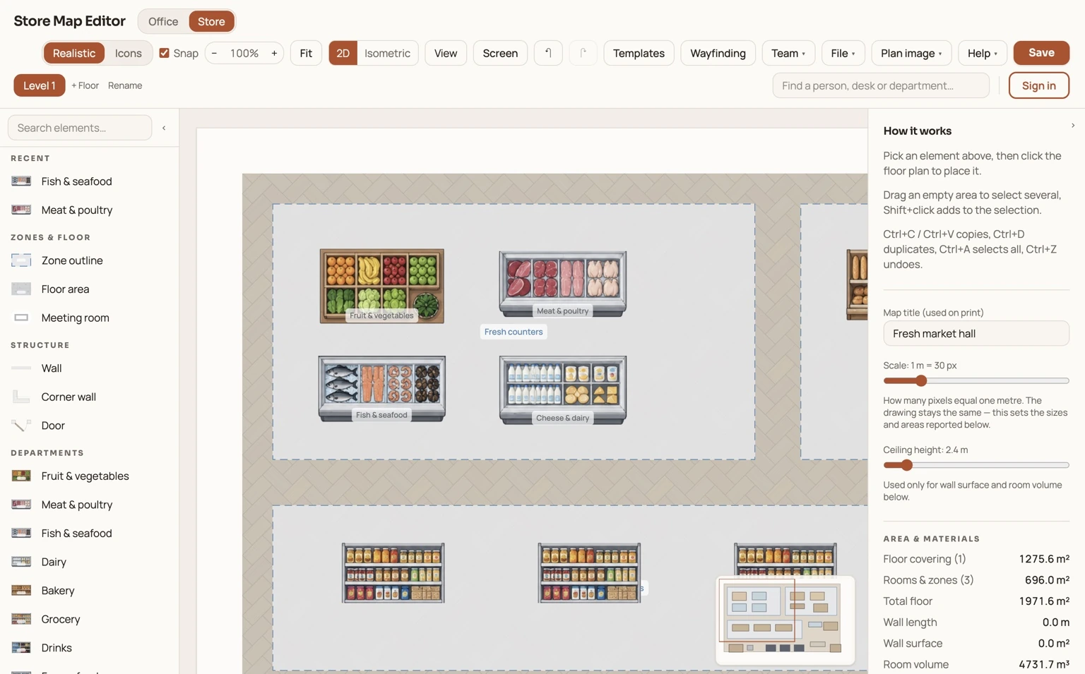 2D supermarket floor plan editor showing fresh produce, meat, seafood, dairy and grocery departments