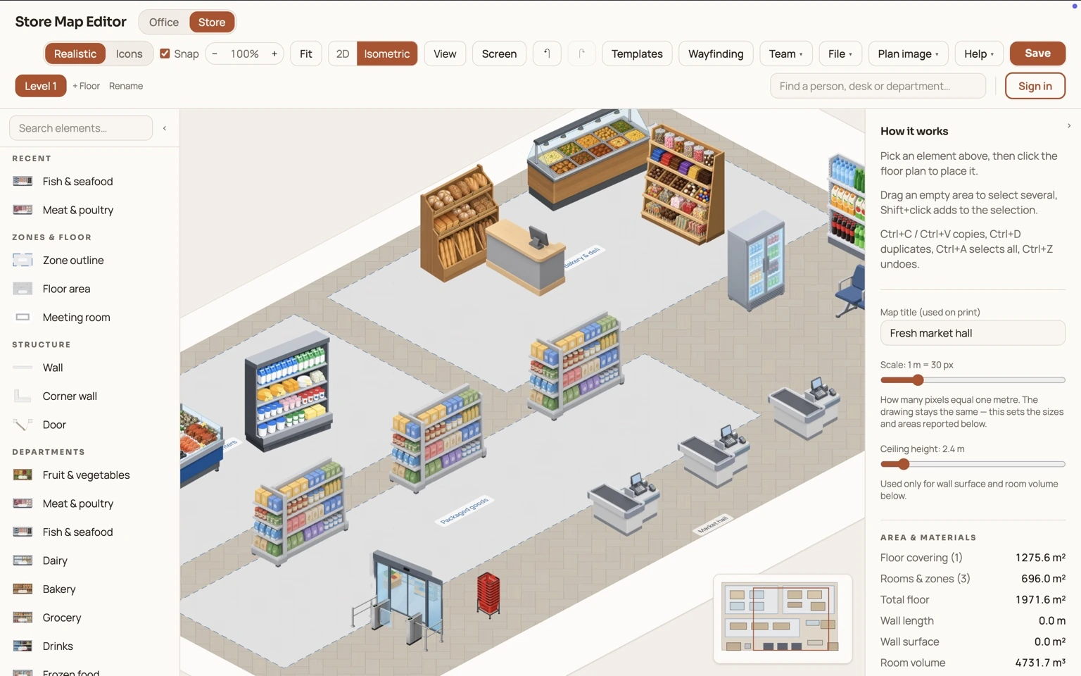 Isometric supermarket floor plan in a store map editor with aisles, checkout counters and departments