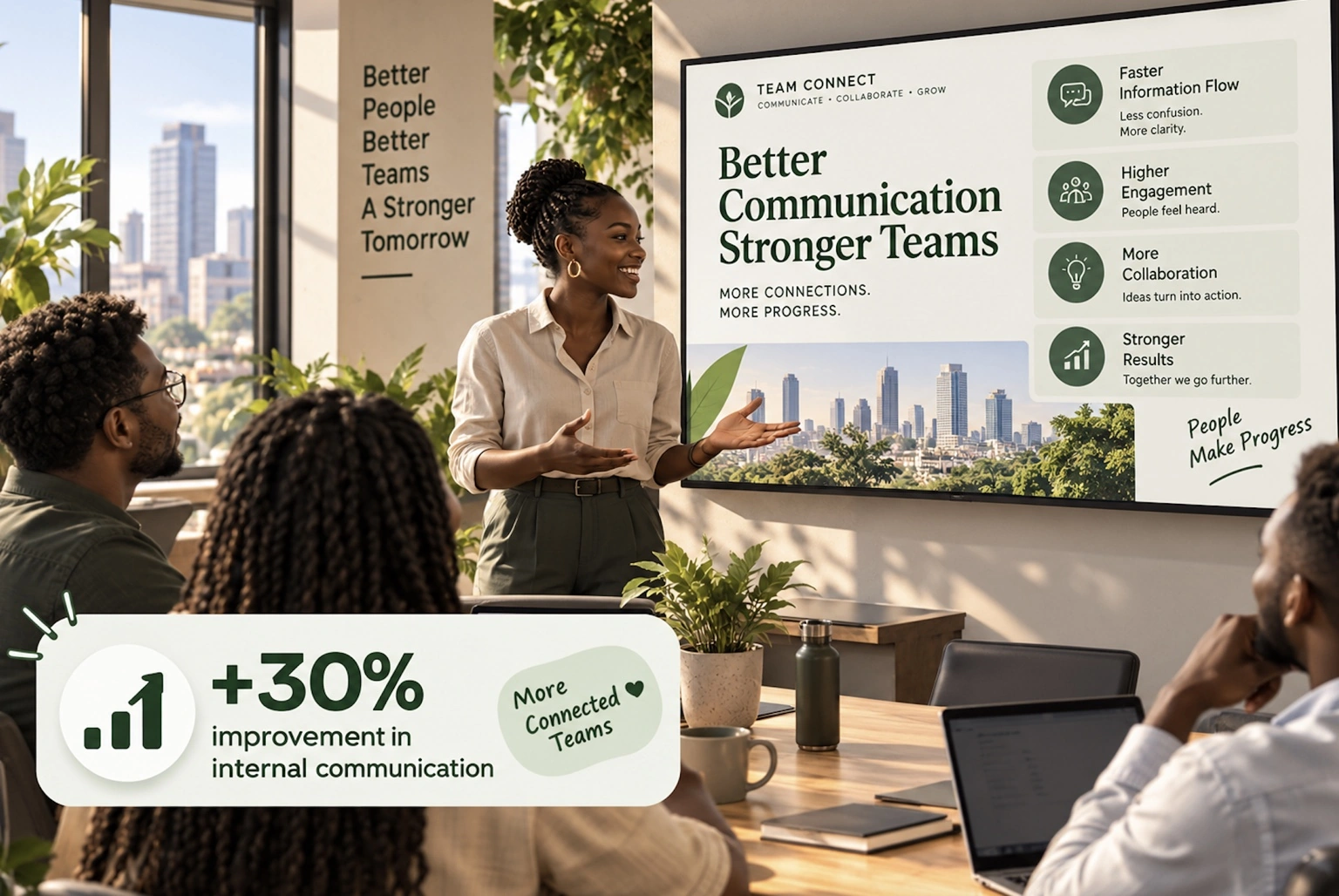 Digital signage in a South African workplace displays a presentation about better internal communication, stronger teamwork, collaboration, and employee engagement.