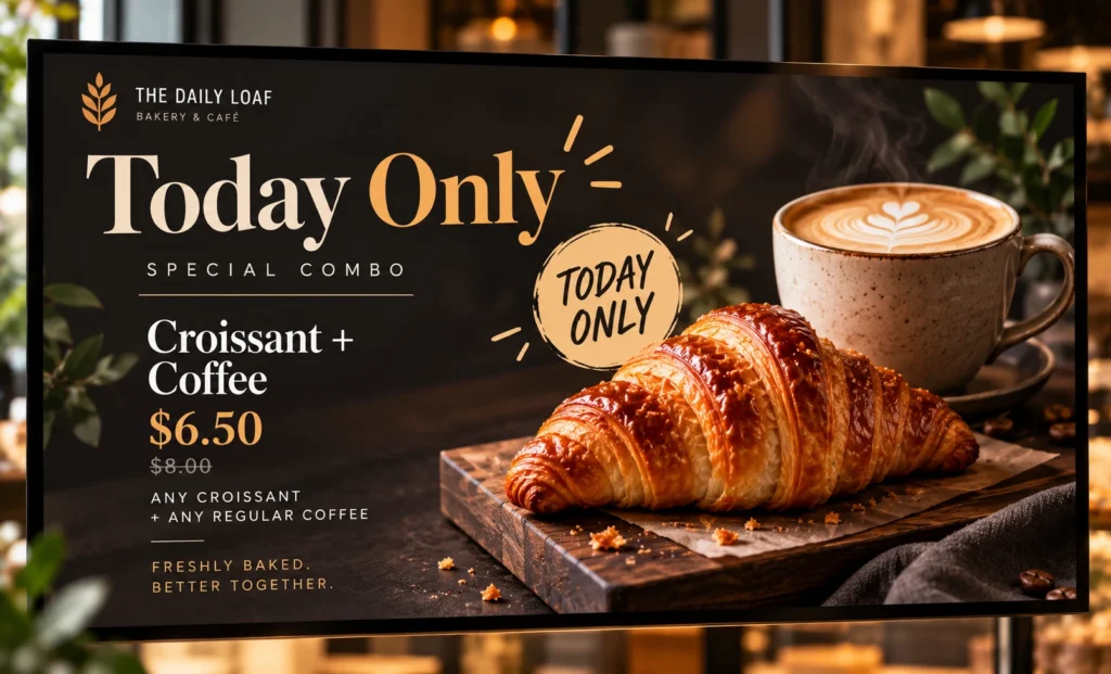 Today Only digital menu promotion featuring a croissant and coffee combo on a dark café display.