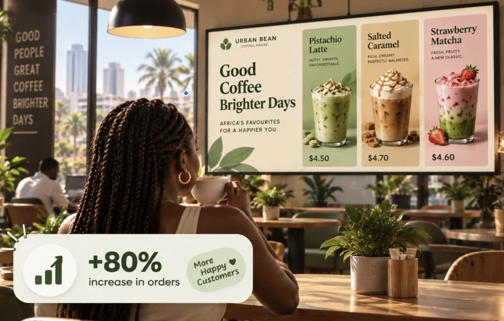 Digital signage in a South African coffee shop displays specialty drinks including pistachio latte, salted caramel, and strawberry matcha as a customer enjoys coffee.