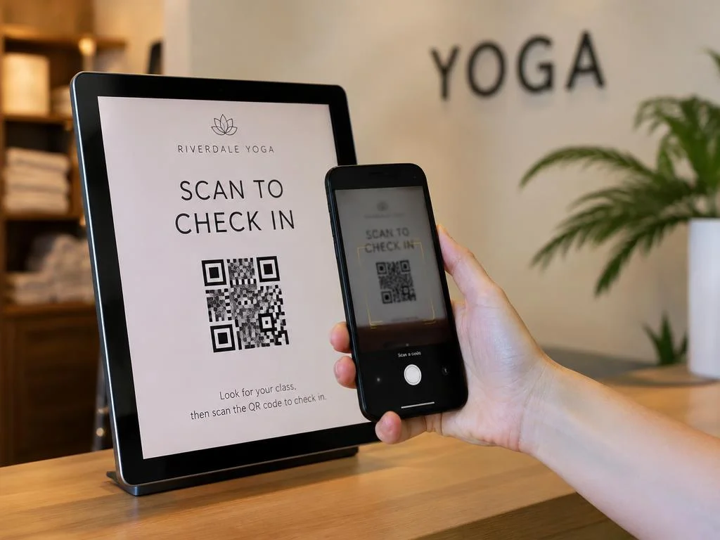 Smartphone scanning a QR code on a digital check-in screen at a yoga studio reception.