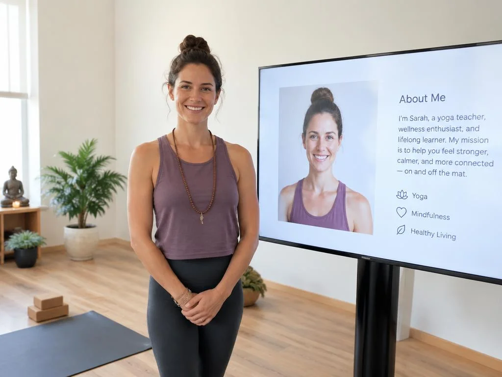 Yoga instructor standing beside a digital screen displaying her teacher profile in a modern yoga studio.