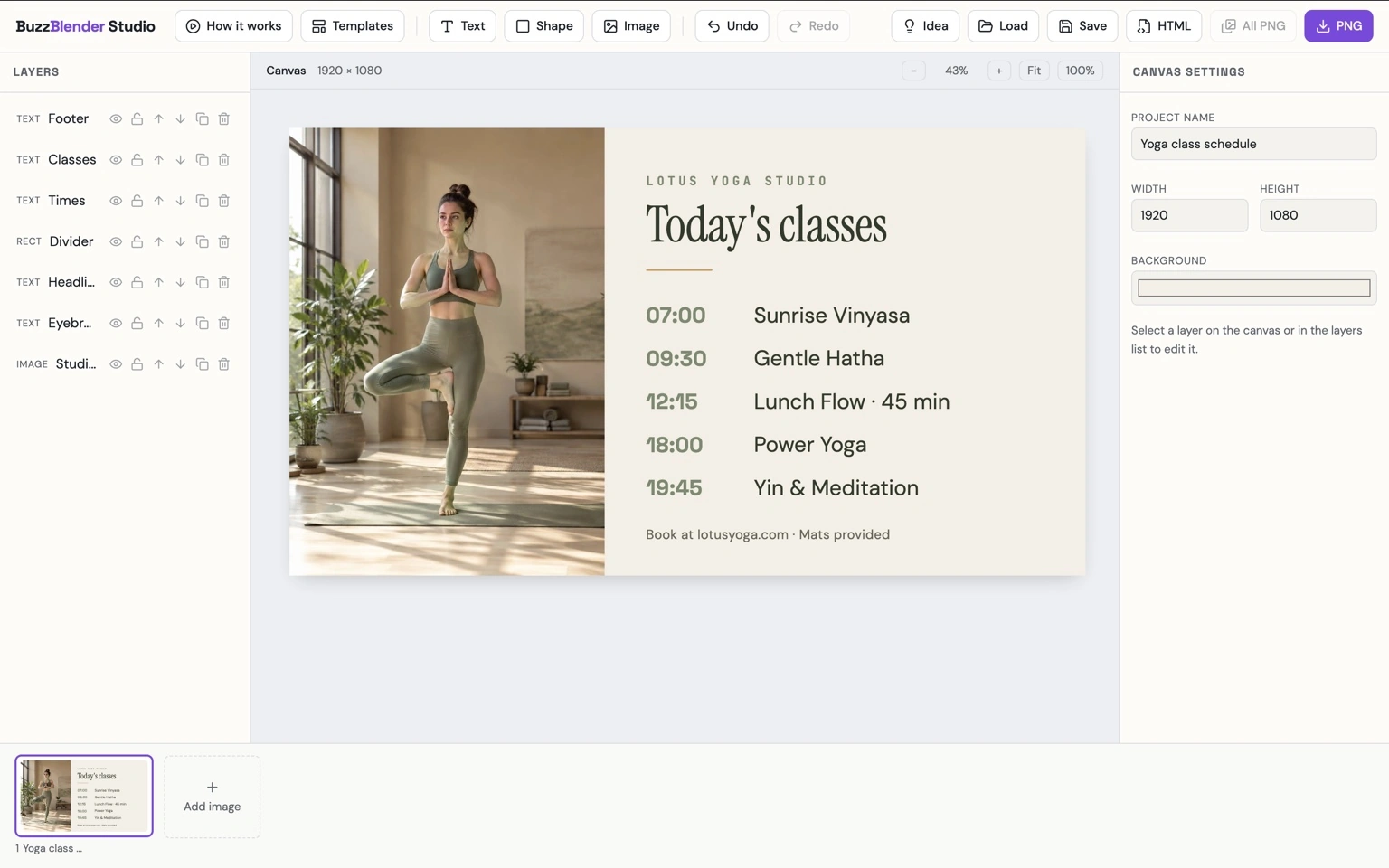 Screenshot of BuzzBlender Studio displaying a beige and green yoga class schedule with a woman practicing yoga.