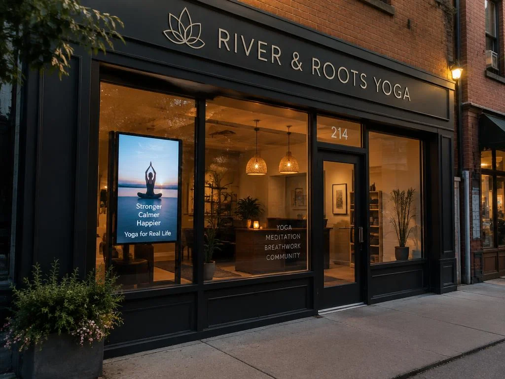 Yoga studio storefront with a digital signage screen promoting yoga classes to people outside.